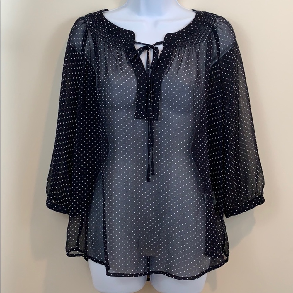 19 Cooper Sheer Black White Polka Dot Shirt  Sz M